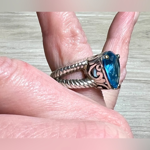 Vintage Designer DS ID Sterling Silver & 18K Gold Blue Topaz Ring, Size 6.5 - Picture 9 of 11